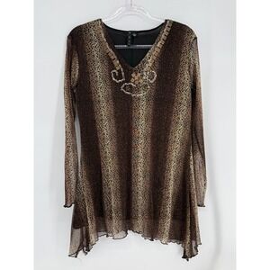 Azi Jeans Women Brown Animal Print Beaded V-Neck Mesh Tunic Top Sz L